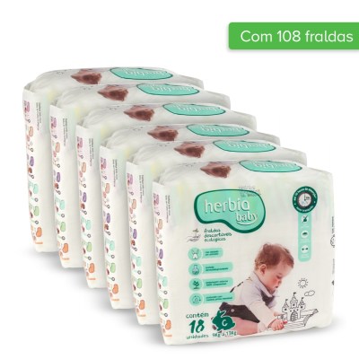 Fralda Ecológica Descartável Tam G Herbia Baby Pacote Jumbo de 6 Pacotes com 18 Uni Cada