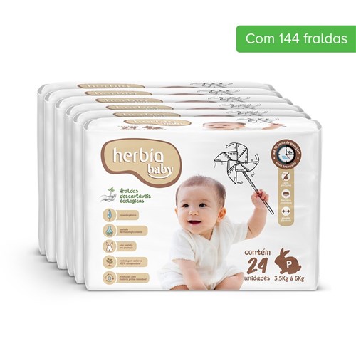 Fralda Ecológica Descartável Tam P Herbia Baby Pacote Jumbo de 6 Pacotes com 24 Uni Cada