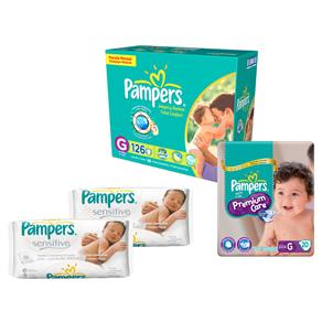 Fralda Pampers Total Confort Mensal - Tamanho G com 126 Uni. + Fralda Pampers Premium Care Pacotão - Tamanho G com 20 Uni. + 2 Lencinhos Sensitive