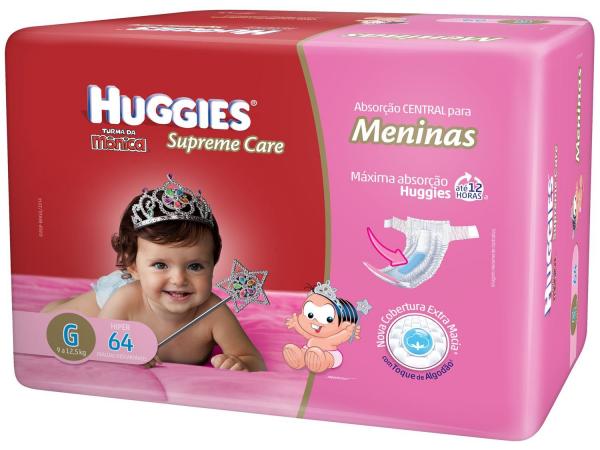Tudo sobre 'Fraldas Huggies Turma da Mônica Supreme Care - Soft Touch Menina Tam G 64 Unidades'