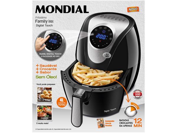 Fritadeira Elétrica Sem Óleo/Air Fryer Mondial - Family Inox Preta 4L com Timer