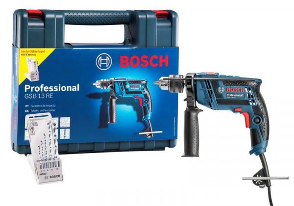 Tudo sobre 'Furadeira Impacto Profissional Bosch Gsb 13 RE 650w com Maleta + Kit com 5 Brocas'