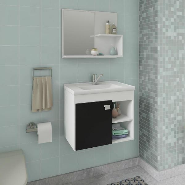 Gabinete de Banheiro 100% Mdf Lotus 55 Cm com Espelho Branco/Preto - Mgm
