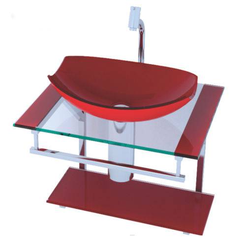Gabinete de Vidro e Inox 40cm para Banheiro | Mod. Bella Viena | Conjunto Lavatório C/ Cuba Vermelho