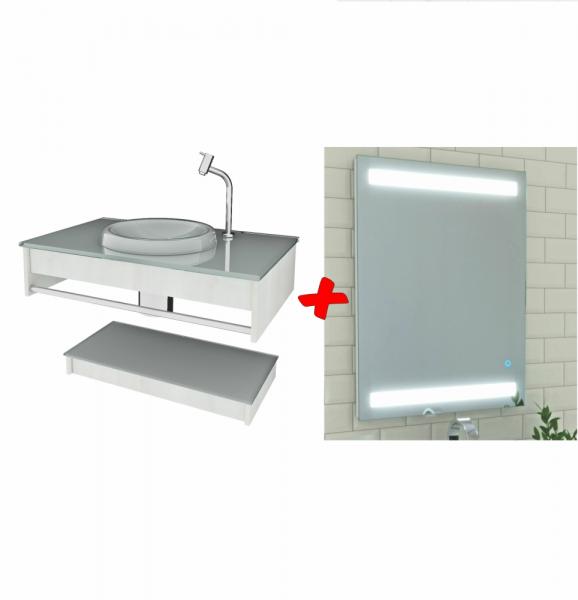 Gabinete P/ Banheiro 60cm C/ Tampo e Cuba de Vidro + Espelho LED + Válvula Click Balcão Armário - Vb
