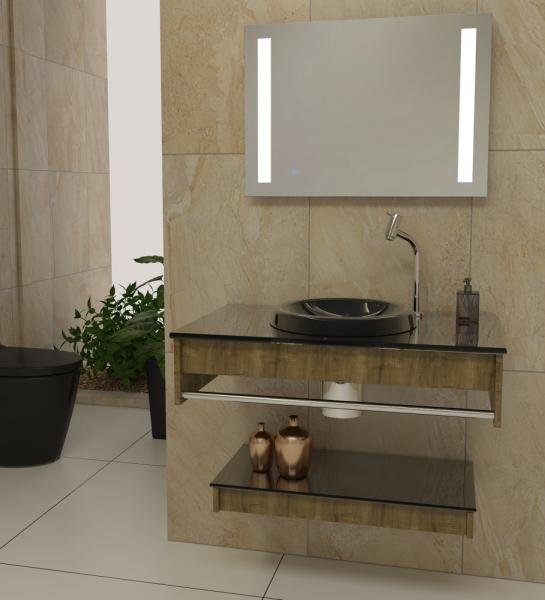 Gabinete P/ Banheiro 60cm C/ Tampo e Cuba de Vidro + Espelho LED + Válvula Click Balcão Armário - Vb