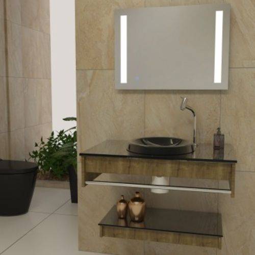 Gabinete P/ Banheiro 60cm C/ Tampo e Cuba de Vidro + Espelho LED + Válvula Click | Balcão Armário