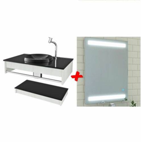 Gabinete P/ Banheiro 60cm C/ Tampo e Cuba de Vidro + Espelho LED + Válvula Click | Balcão Armário