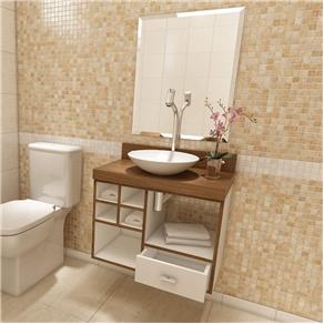 Gabinete para Banheiro 1 Gaveta com Espelho e Cuba Kaji Premium Gabinetes Branco/Nogal