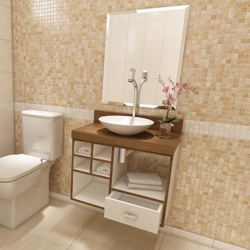Gabinete para Banheiro 1 Gaveta com Espelho e Cuba Kaji Premium Gabinetes Branco/Nogal