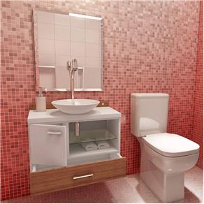 Gabinete para Banheiro 1 Porta 1 Gaveta com Espelho e Cuba Kuki Premium Gabinetes Branco/Nogal