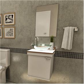 Gabinete para Banheiro 1 Porta com Espelho e Cuba Kami Premium Gabinetes Branco/Nogal