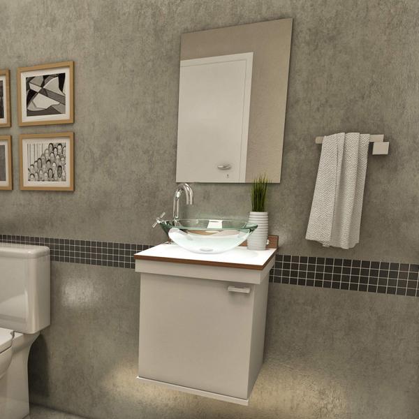 Gabinete para Banheiro 1 Porta com Espelho e Cuba Kami Premium Gabinetes Branco/Nogal