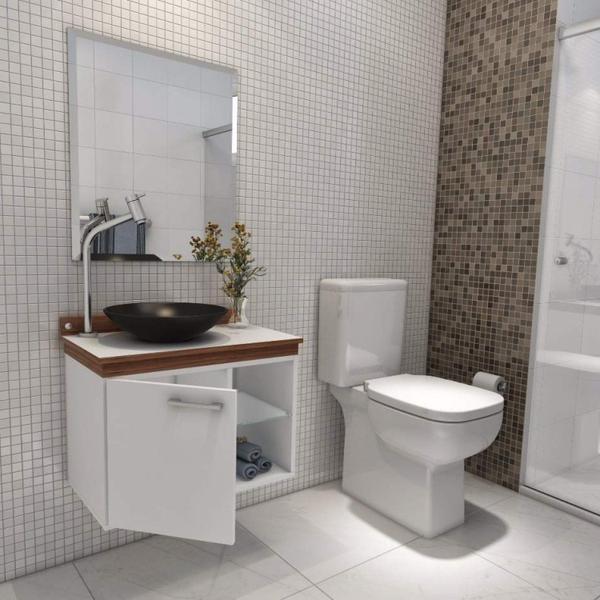 Gabinete para Banheiro 1 Porta com Espelho e Cuba Kaze VidroPremium Gabinetes Branco/Nogal