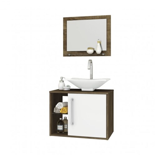 Gabinete para Banheiro com Cuba e Espelheira Baden Móveis Bechara Madeira Rústica/branco