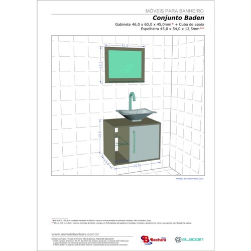 Gabinete para Banheiro com Cuba e Espelheira Baden Móveis Bechara Madeira Rústica/3D
