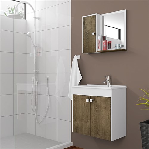 Tudo sobre 'Gabinete para Banheiro com Espelho Dayene 54x56,5x30cm Branco e Madeira Rústica Sensea'
