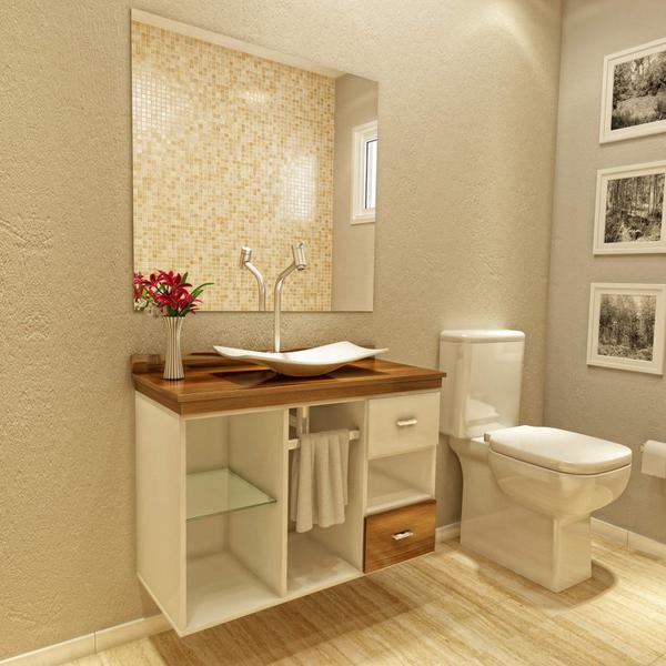 Gabinete para Banheiro 2 Gavetas com Espelho e Cuba Mizu Premium Gabinetes Branco/Nogal