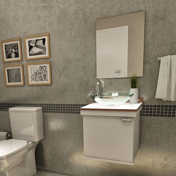 Gabinete para Banheiro Kami com Espelho e Cuba - Branco/Nogal - Premium Gabinetes