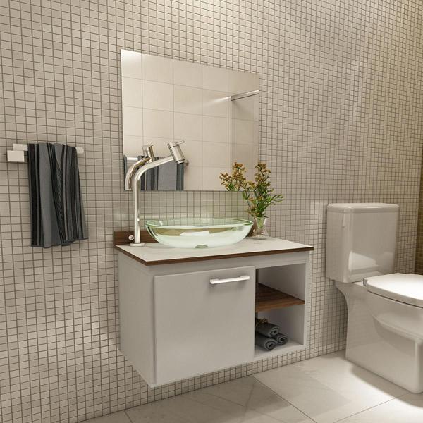 Gabinete para Banheiro Kaze com Espelho e Cuba - Branco/Nogal - Premium Gabinetes