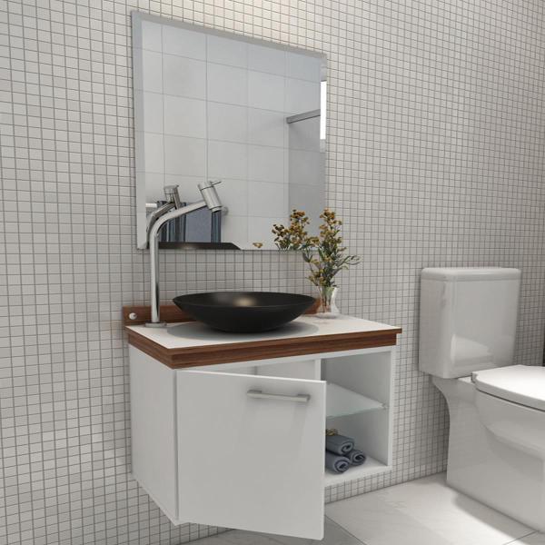 Gabinete para Banheiro Kaze Vidro com Espelho e Cuba - Branco/Nogal - Premium Gabinetes