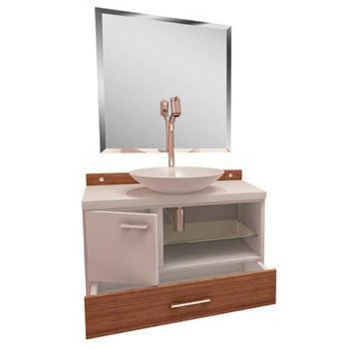 Gabinete para Banheiro Premium Kuki com Cuba e Espelho - Branco/Nogal