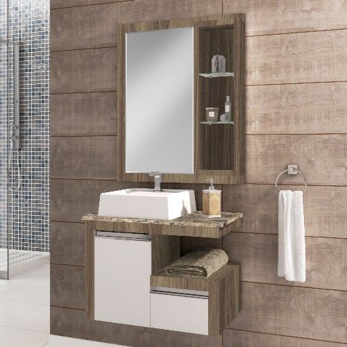 Gabinete para Banheiro Suspenso com Espelheira Tampo de Granito e Cuba Gaam Safira Pietra 70cm