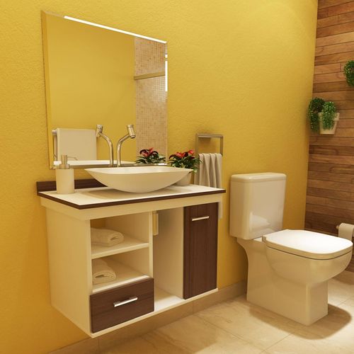 Gabinete para Banheiro Tsuki com Espelho e Cuba - Branco/nogal - Premium Gabinetes