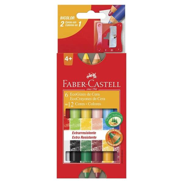 Giz de Cera Bicolor Ecogiz Madeira com 12 Cores - Faber Castell