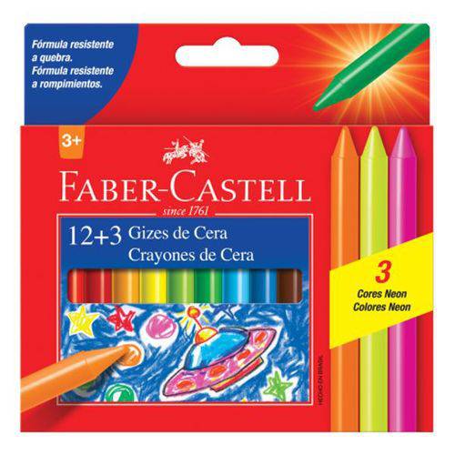 Giz de Cera Faber Castell 12 Cores + 3 Cores Neon