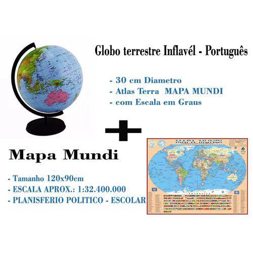 Globo Terrestre em Português Inflavel + Mapa Mundi Mundo Politico Escolar - 120 Cm X 90 Cm
