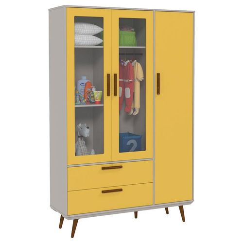 Guarda Roupa Infantil Retro Glass 3 Portas Cinza com Amarelo Eco Wood – Matic