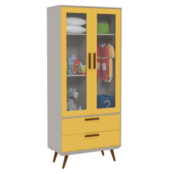 Guarda Roupa Retrô Glass 2 Portas Cinza com Amarelo e Eco Wood - Matic Móveis - Matic Móveis