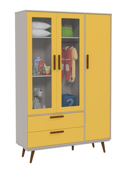 Guarda Roupa Retrô Glass 3 Portas Cinza com Amarelo e Eco Wood - Matic Móveis - Matic Móveis