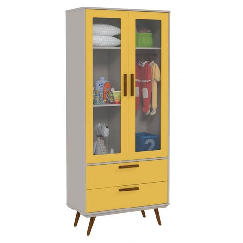 Guarda Roupa Retrô Glass 2 Portas Cinza com Amarelo e Eco Wood - Matic Móveis