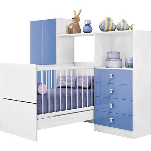 Tudo sobre 'Guarda-Roupa / Roupeiro Infantil + Berço 2 Portas Quarto Compacto Meu Fofinho com 4 Gavetas Azul - Art In Móveis'