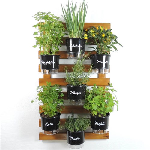 Horta Vertical Gourmet - Treliça Imbuia 100x60cm com 7 Vasos Auto-irrigáveis Pretos