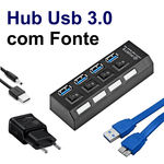 Hub USB 3.0 4 Portas com Leds Botão Liga/desliga e Fonte de Energia
