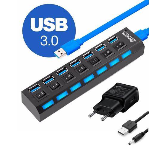 Hub USB 3.0 7 Portas com Leds Botão Liga/Desliga e Fonte de Energia
