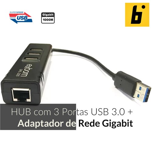HUB USB 3.0 com 3 Portas + Adaptador de Rede Gigabit