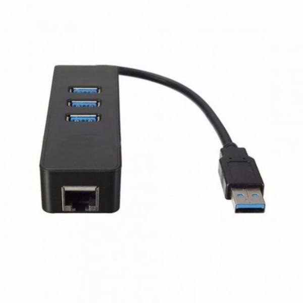 Hub USB 3 Portas 3.0 + Adaptador USB para Rj45 Placa de Rede Externa 10/100/1000 Mbps Exbom Uhl-300