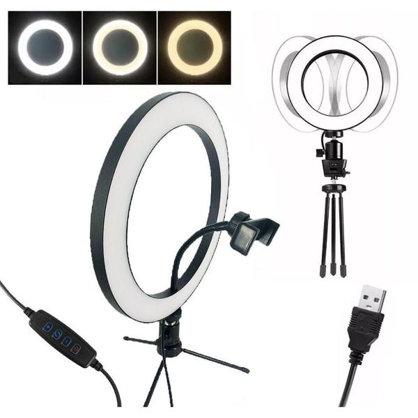 Iluminador Ring Light 26cm Usb Led Misto 3500k 5500k + Trip - Hq