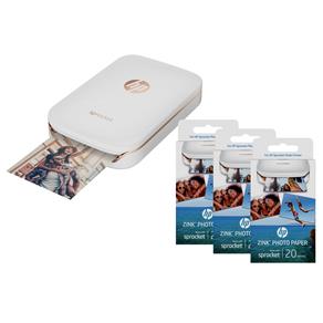 Impressora Fotográfica para Smartphone HP Sprocket 100 + 3 Pacotes de Papel Fotográfico HP Zink Autocolante - 20 Folhas Cada