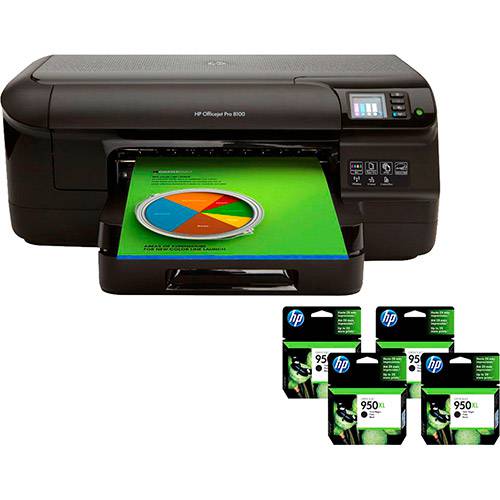 Impressora HP Officejet Pro 8100 EPrinter Wi-Fi + 4 Cartuchos de Tinta Preto HP Officejet 950XL