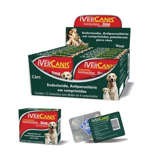 Ivercanis Ivermectina para Caes Kit 12 Caixas 4 Comp Cada