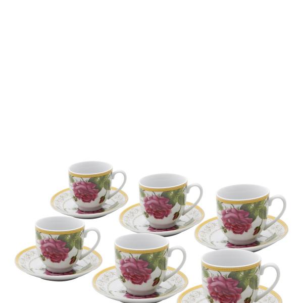 Jogo 6 Xícaras Chá Pires Flor Rosas Bon Gourmet - R1150