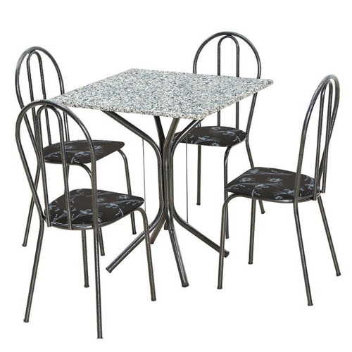 Jogo de Mesa e 04 Cadeiras Thais com Tampo Granito Craquelada/Assento Preto Flor - Artefamol