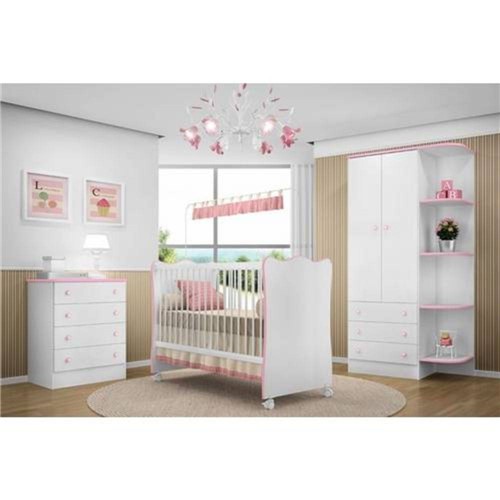 Jogo de Quarto Infantil Doce Sonho - Berço Simples, Cômoda, Armário- Branco/Rosa (Cod 102 103 105)