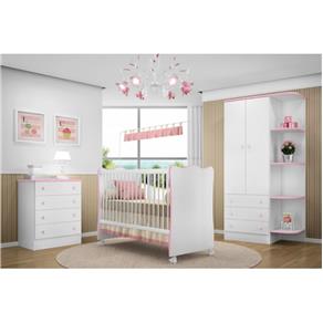 Jogo de Quarto Infantil Doce Sonho - Berço Simples, Cômoda, Armário - (Cód. 102 103 105) Branco/Rosa