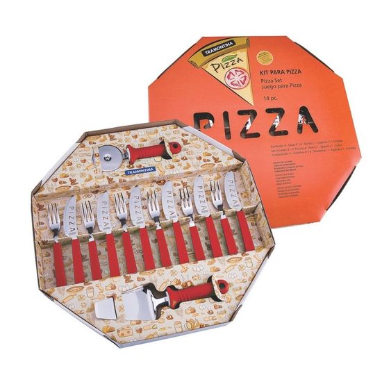 Tudo sobre 'Jogo de Talheres Inox para Pizza 14 Peças Vermelho'